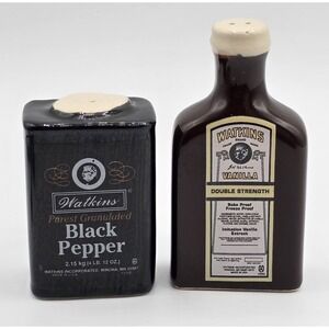 Vintage Watkins Vanilla and Black Pepper Salt & Pepper Shakers Good Condition